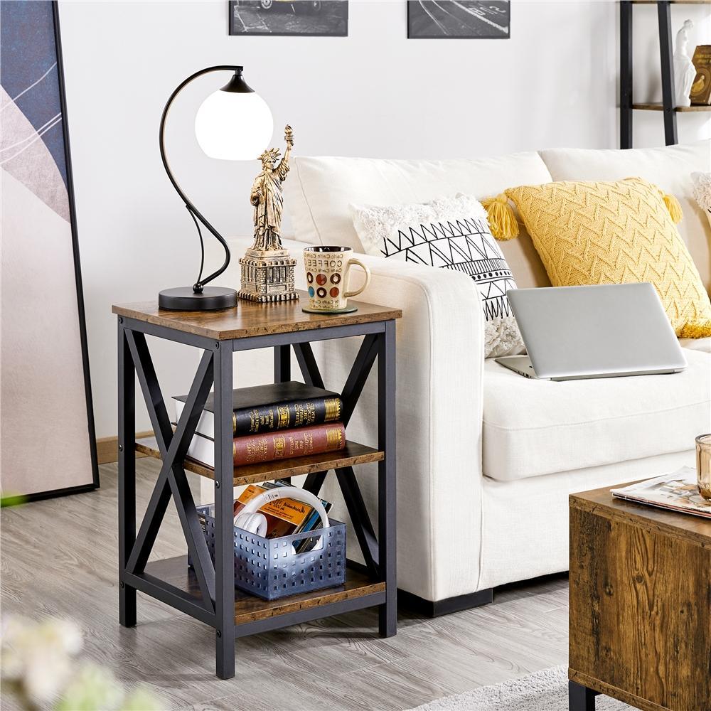 Rustic 3-Tier Side End Table – Industrial X-Frame Sofa Accent Table