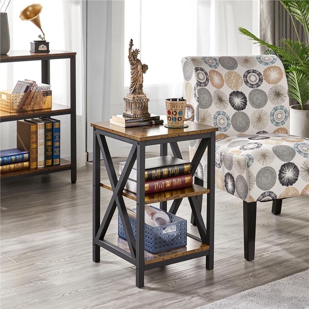 Rustic 3-Tier Side End Table – Industrial X-Frame Sofa Accent Table