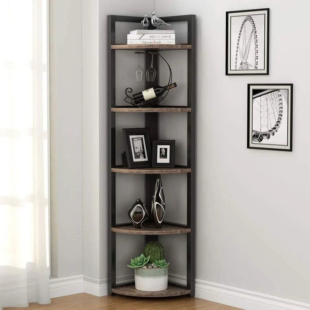 Industrial Metal & Brown Wood Corner Shelf