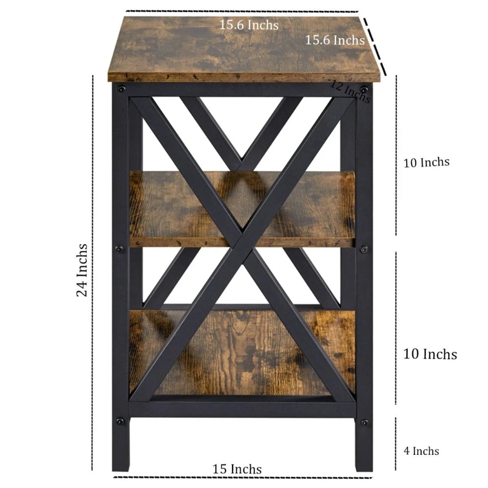 Rustic 3-Tier Side End Table – Industrial X-Frame Sofa Accent Table